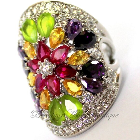 Ladies Wide Multi Citrine Rose Amethyst Clear CZ Flower Colorful Burst Ring 5 - Picture 4 of 6